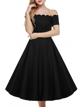 

Black Retro Off Shoulder Cap Sleeve Plain Swing Party Dress, Multicolor