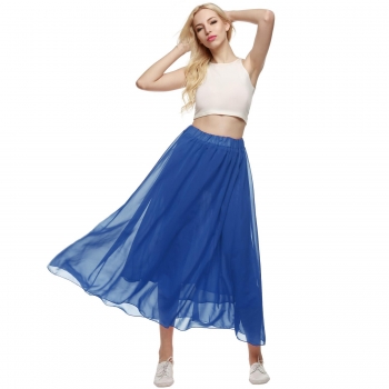 

Blue ACEVOG Retro Women Full Length Elastic Pleated Chiffon Maxi Long Casual Beach Solid Skirts, Multicolor