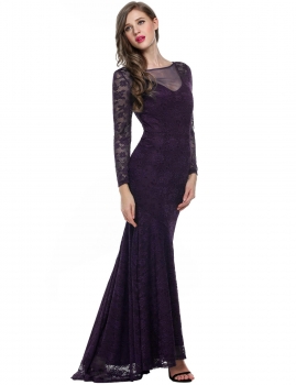 

Purple Floral Lace Long Sleeve Maxi Wedding Bridesmaid Dresses, Multicolor