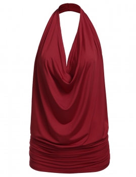 

Zeagoo Wine red Women Sexy Halter Cowl Neck Backless Ruched Tops Vests Tanks & Camis, Multicolor