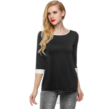 

Black 3"4 Sleeve Contrast Color Trim Crew Neck T-Shirts, Multicolor