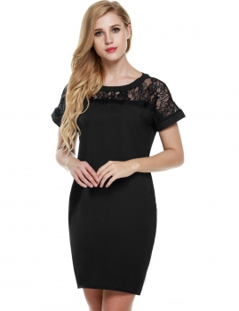 

Black Meaneor Women Summer Short Sleeve Lace Patchwork Mini Straight Tank Tops Casual Dresses, Multicolor