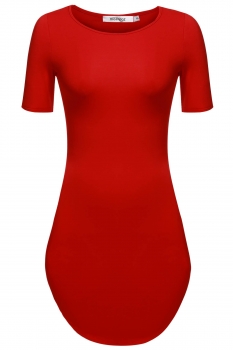 

Red Women O-Neck Short Sleeve Solid Bodycon Mini Dress, Multicolor