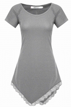 

Gray Lace Trim Irregular Hem Short Sleeve Tunics, Multicolor