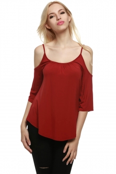 

Wine red Cold Shoulder 3"4 Flare Sleeve Solid Casual Tops, Multicolor