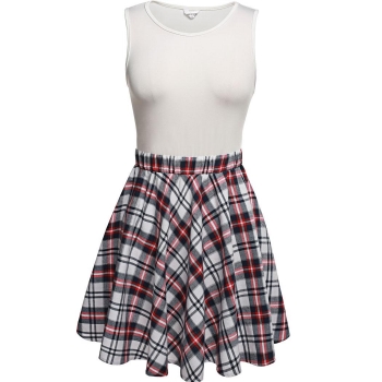 

White& Red O-Neck Plaid Patchwork A-Line Casual Dress, Multicolor