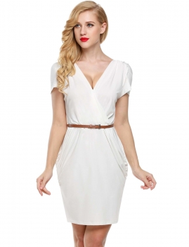 

White Deep V Neck Wrap Slim Pencil Belt Going Out Dress, Multicolor