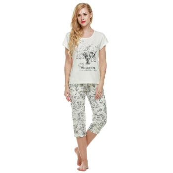 

White Ekouaer Women 2pcs Round Neck Short Sleeve T Shirt Top and Pants Shapewear & Pajamas, Multicolor