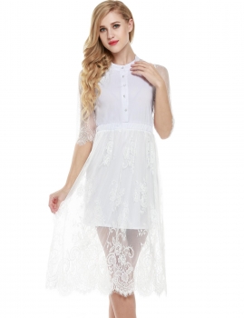 

White 3"4 Sleeves Floral Lace A-Line Midi Party Dress, Multicolor
