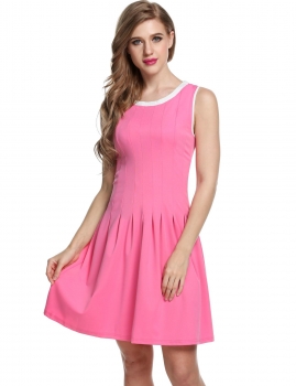 

Pink Sleeveless Round Collar Fit Pleated Solid Casual Dress, Multicolor