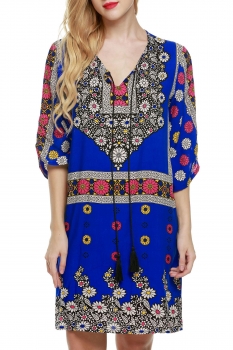 

Dark blue ACEVOG Women Ethnic Vintage Style Bohemian Neck Tie Floral Print Shift Casual Dresses, Multicolor