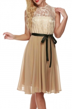 

Apricot Meaneor Sleeveless Lace Chiffon Pleated Dress With Belt, Multicolor