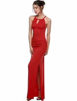 

Red Keyhole Ruched Side Slit Maxi Dress, Multicolor