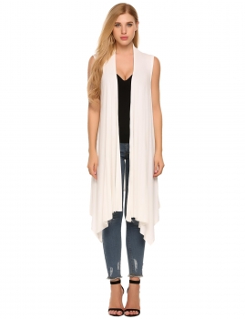 

White Sleeveless Asymetric Hem Open Front Solid Coat, Multicolor
