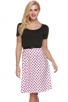 

Zeagoo Pink Women Short Sleeve O-Neck Polka Dots A-Line With Belt Casual Dresses, Multicolor