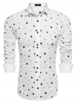 

White Coofandy Men Slim Fit Turn Down Collar Long Sleeve Star Print Shirts, Multicolor