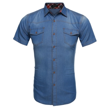 

Light blue Coofandy Men Slim Fit Short Sleeve Demin Style Dual Pockets Button Down Shirts, Multicolor