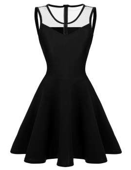 

Black Sleeveless Mesh Patchwork Swing Pleated Going Out Dresses, Multicolor