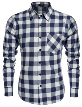 

Blue&White Men's Long Sleeve Plaid Pocket Casual Button Down Cotton Shirt, Multicolor