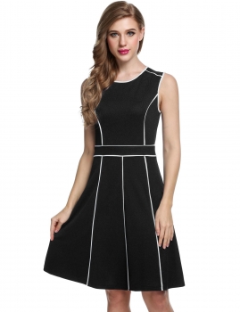 

Black Sleeveless Contrast Color Pleated Fit and Flare Casual Dress, Multicolor