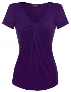 

Zeagoo Purple V-Neck Short Sleeve Knot Front Casual Tops, Multicolor