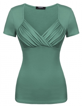 

Army green V-Neck Short Sleeve Pleated Empire Waist Tops, Multicolor