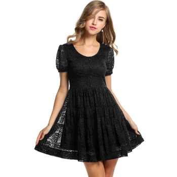 

Black Meaneor Women Short Sleeve Lace Floral Pleated Going Out Dresses, Multicolor