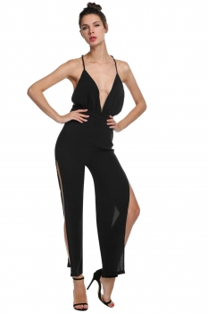 

Black Plunge Halter Backless Side Slit Leg Jumpsuit, Multicolor