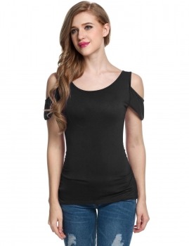

Black Cold shoulder Short Sleeve Stretch Slim Solid Basic Top, Multicolor