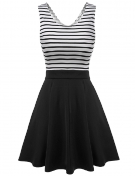 

Black Sleeveless Striped Back Hollow Patchwork Casual Dress, Multicolor