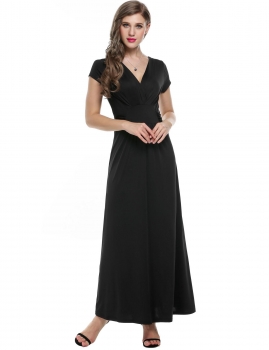 

Black ANGVNS Women Cap Sleeve V Neck Maxi Long Party Casual Dresses, Multicolor