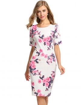 

Pink Short Sleeve Floral Pencil Package Hip OL Casual Dress, Multicolor