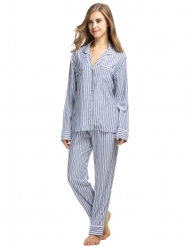 

Ekouaer Blue and White Women Casual 2 Pieces Set Turn Down Collar Long Sleeve Button Top Elastic Waist Striped Pants Shapewear & Pajamas, Multicolor