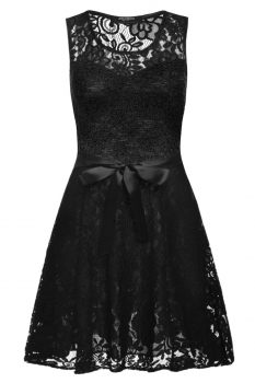 

Black Sleeveless Round Neck Lace Belted A-Line Dress, Multicolor