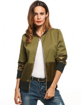 

Army green Long Sleeve Patchwork Zip Up Slim Bomber Jacket, Multicolor