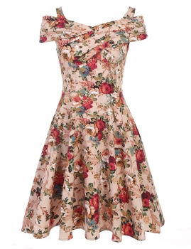

Khaki Women Vintage Style Print Sleeveless Retro Pleated Swing Casual Dresses, Multicolor