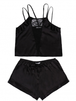 

Black Spaghetti Strap Satin Lace Patchwork Ruched Pajama Set, Multicolor