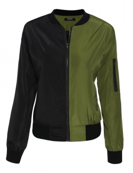 

Army green Patchwork Biker Jacket Zip-Up Short Slim Bomber Jacket, Multicolor