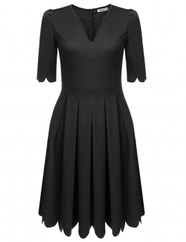 

Black V-Neck Pleated Solid Short Dress, Multicolor