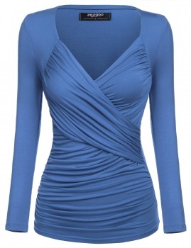 

Blue Cross Front Ruched Slim V-Neck Long Sleeve Casual Tops, Multicolor