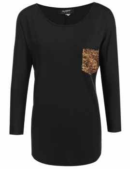 

Black Sequined Pocket Batwing Long Sleeve Long Crew Neck Tops, Multicolor