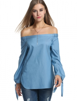 

Zeagoo Blue Women's Off The Shoulder Knotted Long Sleeve Loose Tops Shirts & Blouses, Multicolor
