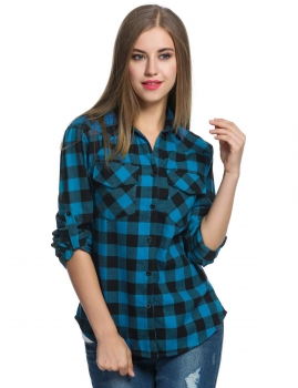 

Blue Roll Up Sleeve Loose Boyfriend Plaid Button Down Shirt, Multicolor
