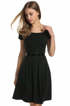 

Black Square Neck Short Sleeve Pleated Belted Skater Work Dress, Multicolor