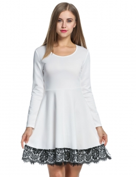 

Long Sleeve Pleated Lace Decor High Waist Slim Party Dress, Multicolor