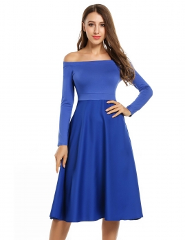 

Meaneor Blue Women's Off the Shoulder Long Sleeve Evening Pleated Swing Midi Party Dresses, Multicolor