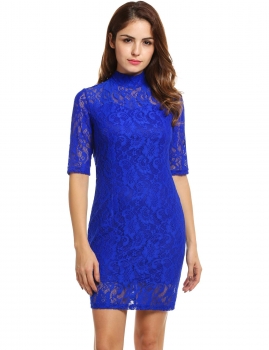 

Blue Women Casual Half Sleeve Solid High Neck Lace Cocktail Going Out Dresses, Multicolor