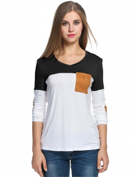 

Black and White V-Neck Long Sleeve Patchwork Loose Tops, Multicolor
