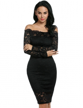 

Black Sexy Strapless Off the Shoulder Hollow Floral Lace Evening Party Bodycon Pencil Dress with Inner Tube Dress, Multicolor