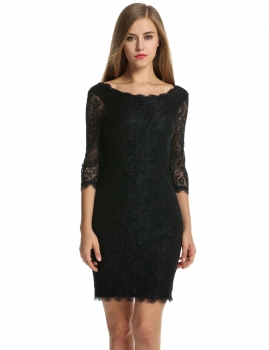 

ACEVOG Black Women Ladies 3"4 Sleeve Pencil Lace Floral Package Hip Knee Slim Party Dresses, Multicolor